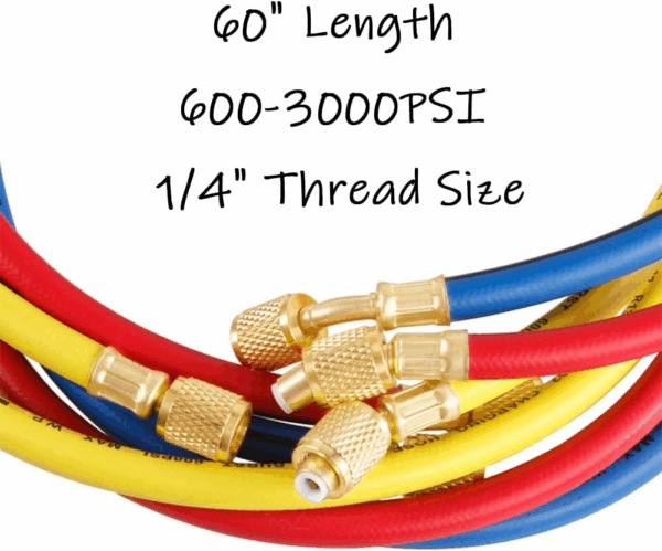 3PCS Refrigerant Charging Hose 60" Length 600-3000PSI 1/4" Thread Fits for R12 R22 R134A 404 502 Car Air Conditioning and HVAC Charging Manifold Gauge Hose Tube Red/Yellow/Blue Three Colors - Image 2