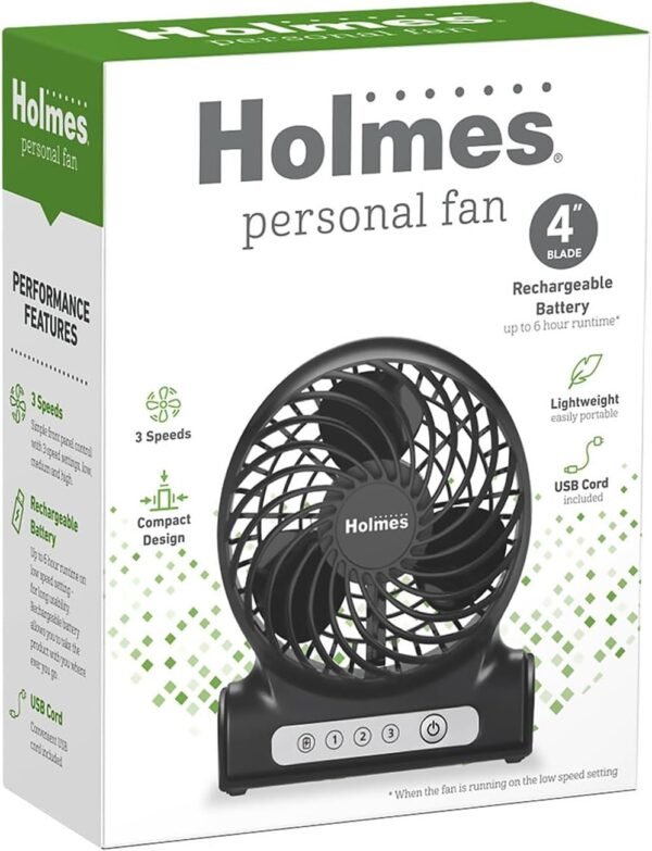 4" Personal Fan, Rechargeable Battery, 3 Speed Settings, Lightweight, Compact and Portable, Adjutstable Head, Home and Office, USB Cable, Black Finish - Image 9