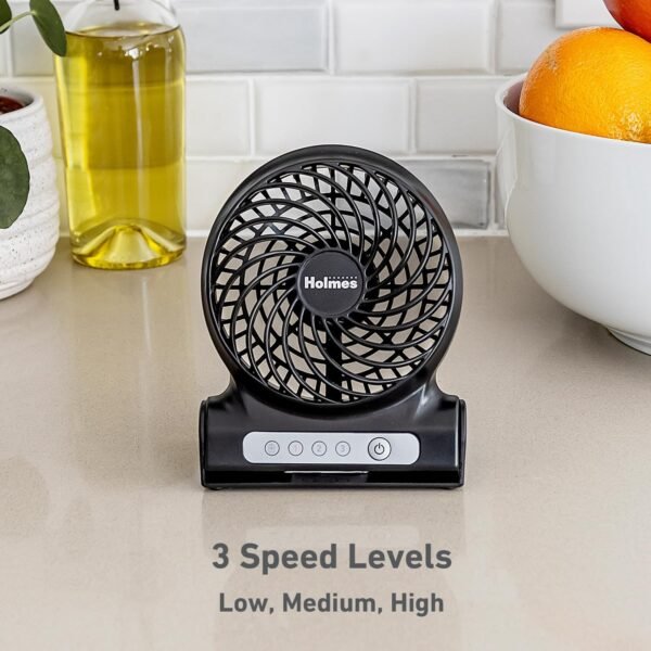4" Personal Fan, Rechargeable Battery, 3 Speed Settings, Lightweight, Compact and Portable, Adjutstable Head, Home and Office, USB Cable, Black Finish - Image 4
