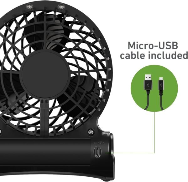 4" Personal Fan, Rechargeable Battery, 3 Speed Settings, Lightweight, Compact and Portable, Adjutstable Head, Home and Office, USB Cable, Black Finish - Image 7