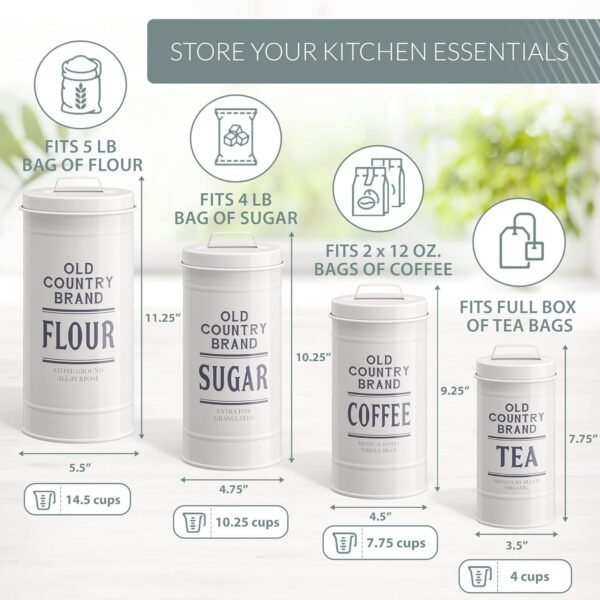 Barnyard Designs Canister Sets for Kitchen Counter, Farmhouse Canisters Sets for the Kitchen Countertop, Coffee Tea Sugar Flour Metal Containers with Lid (White) - Image 5