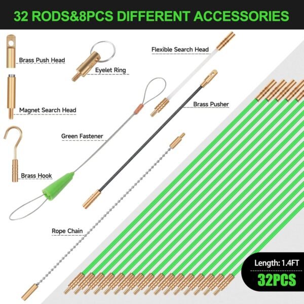 45FT Fiberglass Running Electrical Wire Cable Glow Rods Wire Pulling, Fish Rods Electrical Kit with 8 Different Attachments and Fish Tape Wire Puller Kit - Image 3