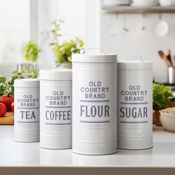 Barnyard Designs Canister Sets for Kitchen Counter, Farmhouse Canisters Sets for the Kitchen Countertop, Coffee Tea Sugar Flour Metal Containers with Lid (White) - Image 3