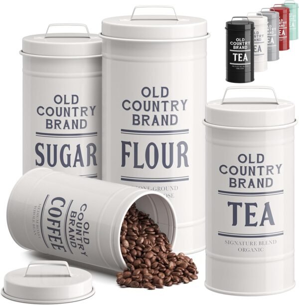 Barnyard Designs Canister Sets for Kitchen Counter, Farmhouse Canisters Sets for the Kitchen Countertop, Coffee Tea Sugar Flour Metal Containers with Lid (White)