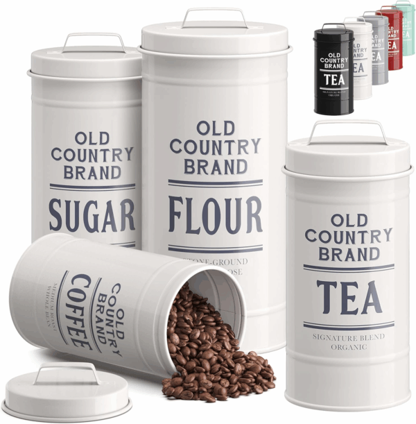 Barnyard Designs Canister Sets for Kitchen Counter, Farmhouse Canisters Sets for the Kitchen Countertop, Coffee Tea Sugar Flour Metal Containers with Lid (White) - Image 2