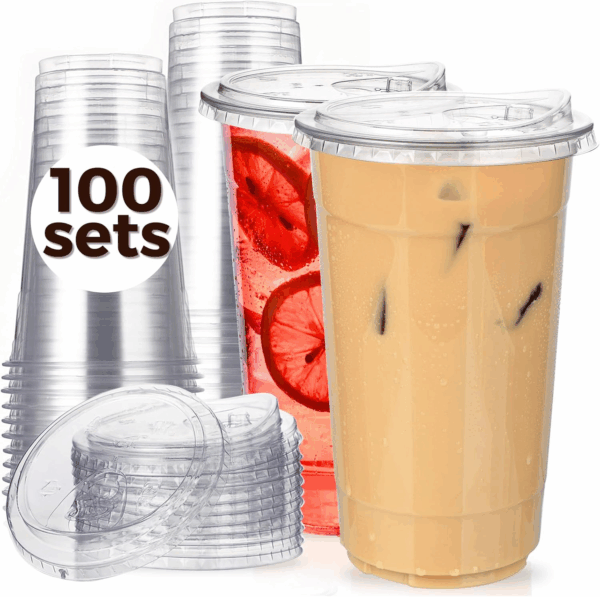 100 Pack 32 Oz Clear Plastic Cups with Strawless-Sip-Lids, Disposable Cups Plastic Iced Coffee Cups, to Go Cups with Sip through Lids for Smoothie, Milkshake, Cold Drinks for Party, Wedding, Event - Image 2
