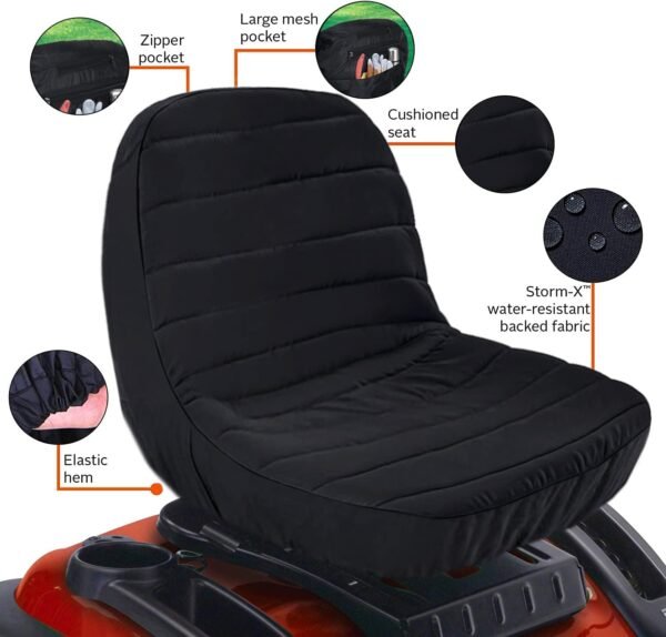 Black Riding Lawn Mower Tractor Seat Cover for Kubota Craftsman Husqvarna John Deere Cub Cadet Wheatherproof Padded Comfort Fits 12.5''-14'' Backrest 3Storage Pockets - Image 8
