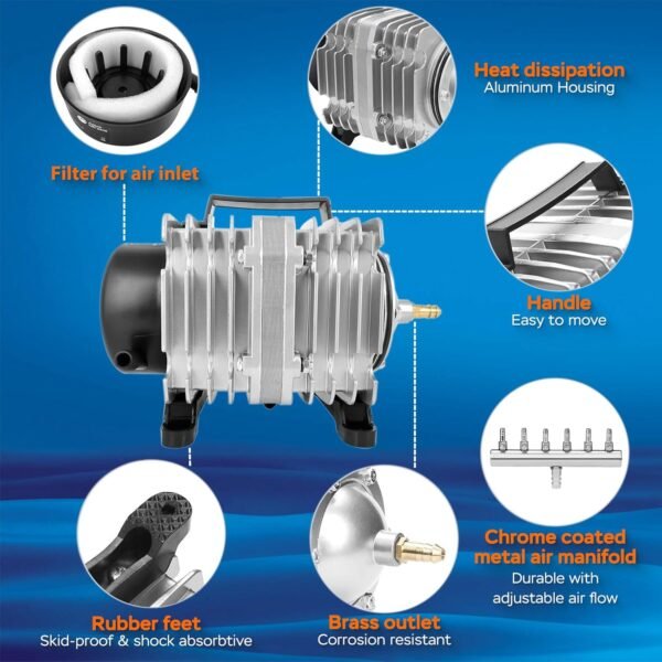 Aquarium Air Pump Commercial Air Pump with Aluminum Housing, 600/1000/1200/1750GPH Fish Tank Bubbler Pond Aerator for Aquariums, Ponds, Hydroponics - Image 3