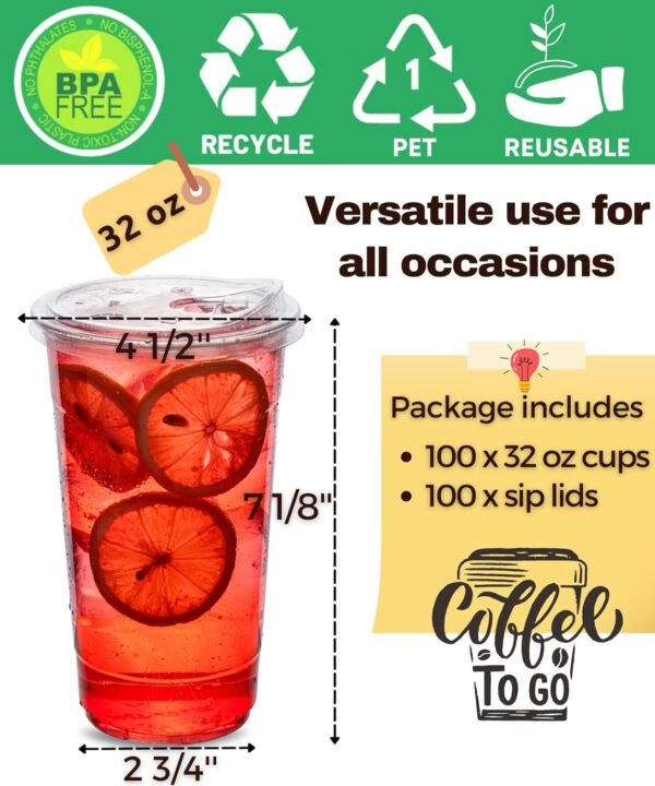 100 Pack 32 Oz Clear Plastic Cups with Strawless-Sip-Lids, Disposable Cups Plastic Iced Coffee Cups, to Go Cups with Sip through Lids for Smoothie, Milkshake, Cold Drinks for Party, Wedding, Event - Image 5