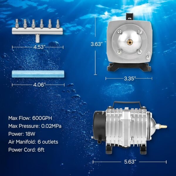 Aquarium Air Pump Commercial Air Pump with Aluminum Housing, 600/1000/1200/1750GPH Fish Tank Bubbler Pond Aerator for Aquariums, Ponds, Hydroponics - Image 7